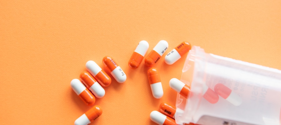 Assorted prescription medication bottles and pills on a pharmacy shelf